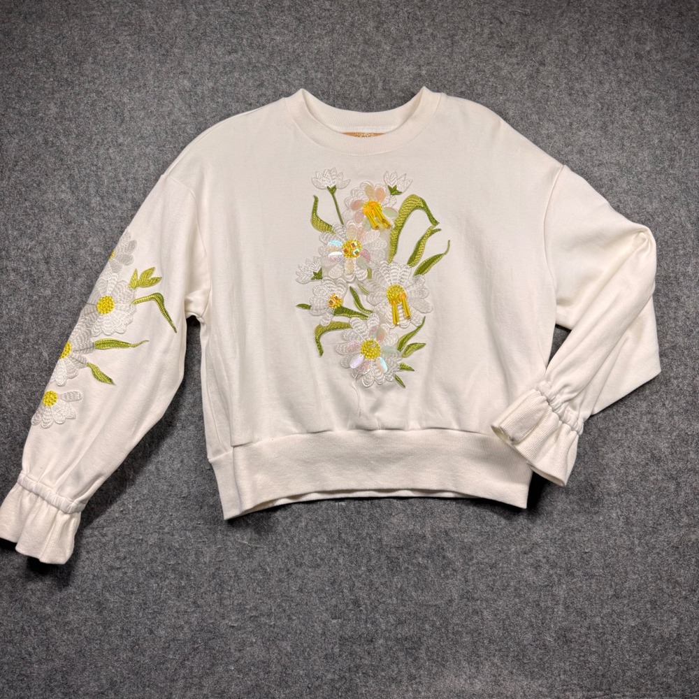 Elf Sack Sweatshirt Women S White Floral Sequin Embroidered Ruffle Cuff Pullover